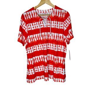NWT Allison Daley Plus Size Top 1X Tie-Dye Short Sleeve Casual Coastal Tie Front